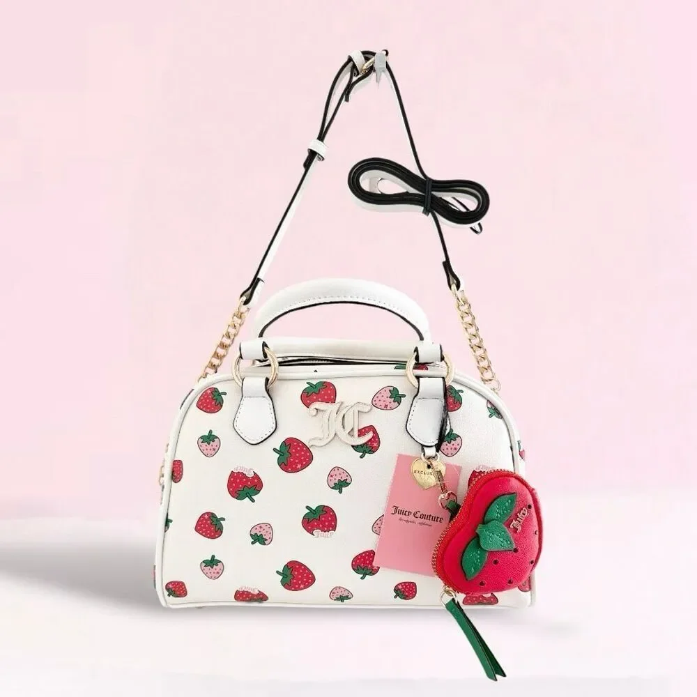 Juicy Couture White Sweet n Juicy LARGE Bowler Bag Satchel Strawberry Coin Purse